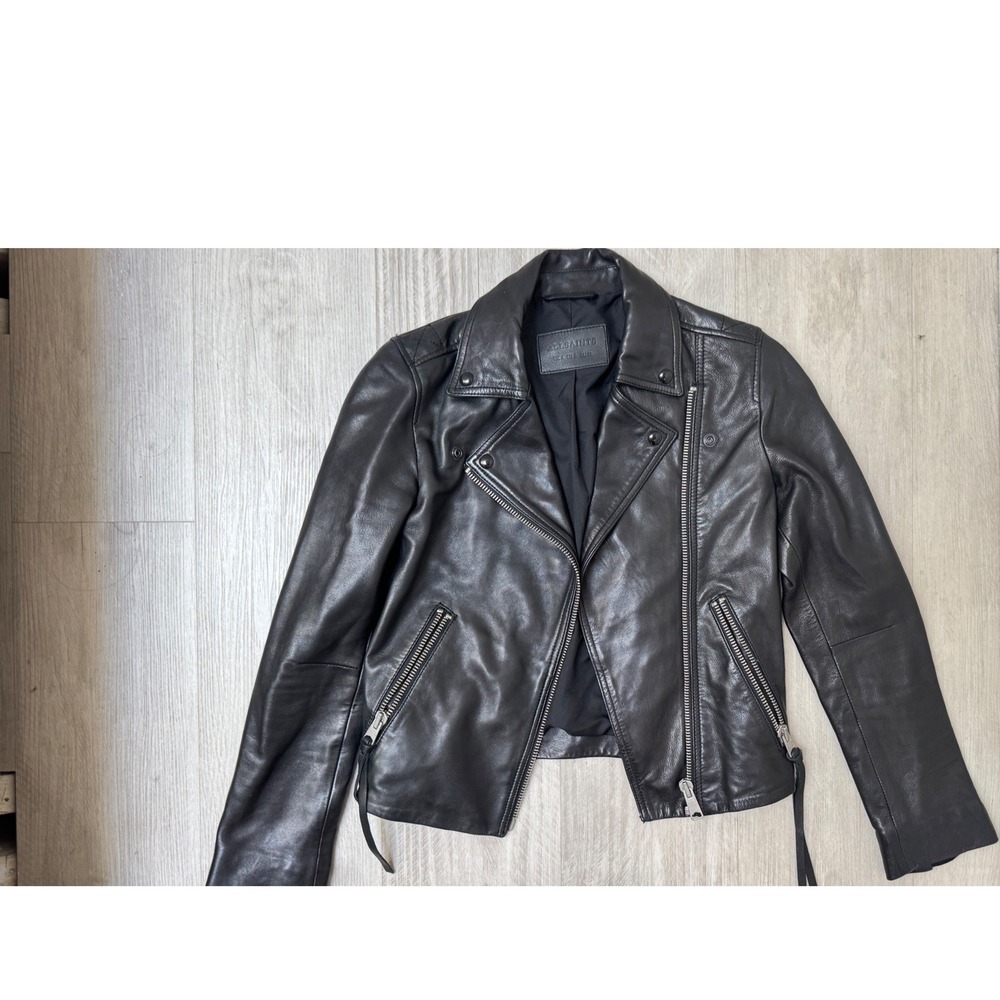 AllSaints Dalby Biker Leather Jacket Black WL004N Womens US 0 UK 4 EU 32